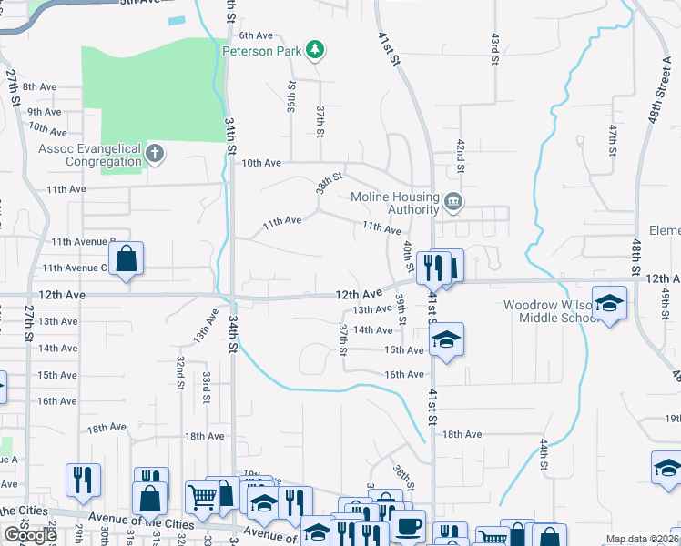 map of restaurants, bars, coffee shops, grocery stores, and more near 1103 37th Street Court in Moline