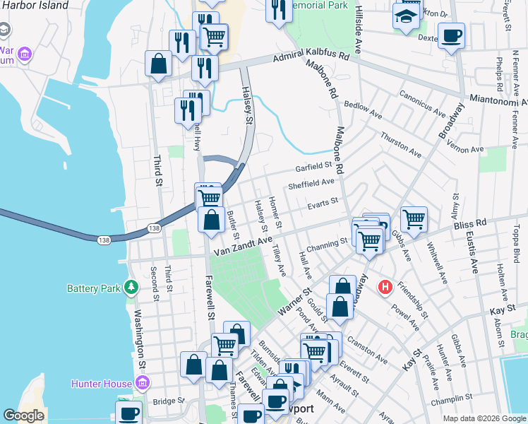 map of restaurants, bars, coffee shops, grocery stores, and more near 16 Homer Street in Newport