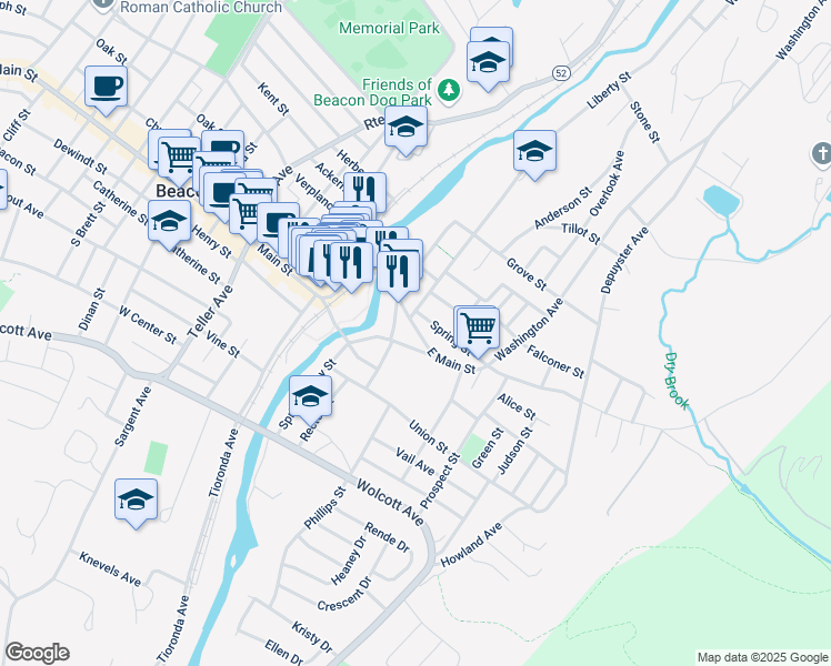 map of restaurants, bars, coffee shops, grocery stores, and more near 17 Spring Valley Street in Beacon