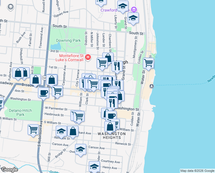 map of restaurants, bars, coffee shops, grocery stores, and more near 10 Chambers Street in Newburgh