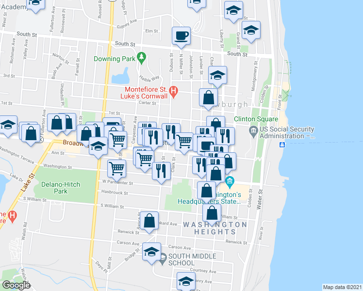 map of restaurants, bars, coffee shops, grocery stores, and more near 168 Broadway in Newburgh
