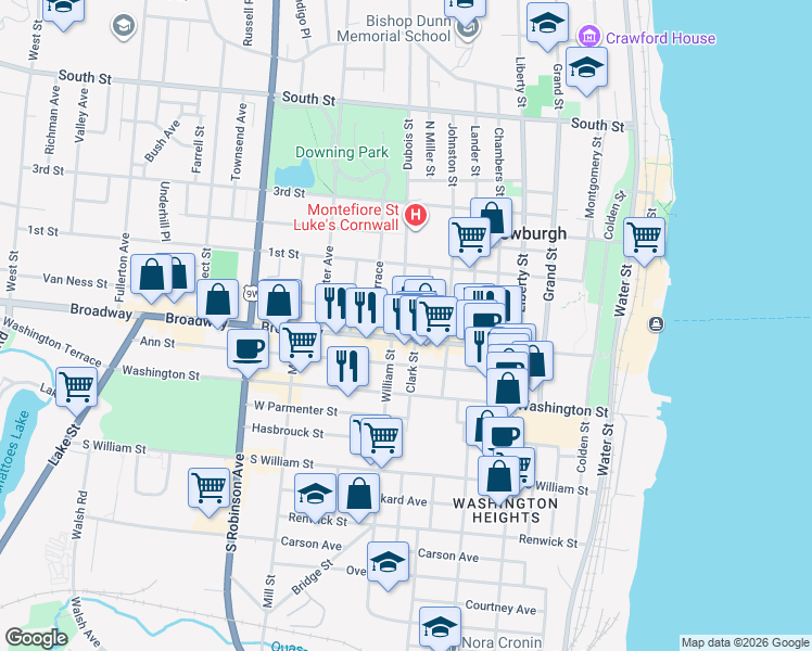 map of restaurants, bars, coffee shops, grocery stores, and more near 168 Broadway in Newburgh
