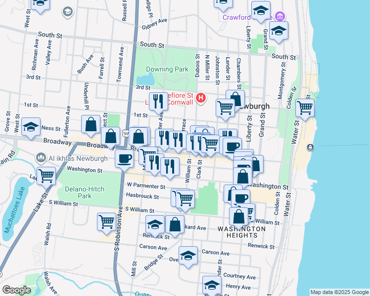 map of restaurants, bars, coffee shops, grocery stores, and more near 194 Broadway in Newburgh