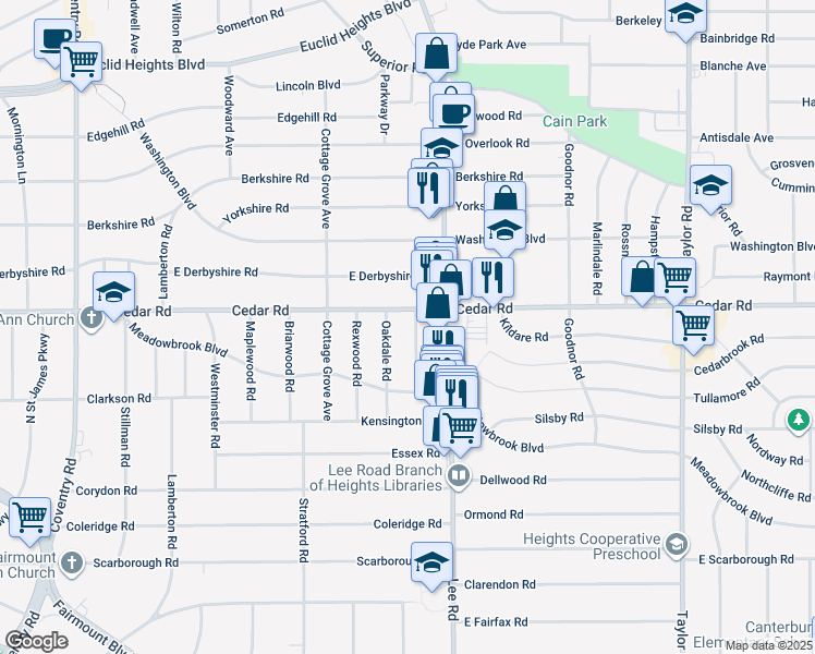 map of restaurants, bars, coffee shops, grocery stores, and more near 2172 Edgewood Road in Cleveland Heights