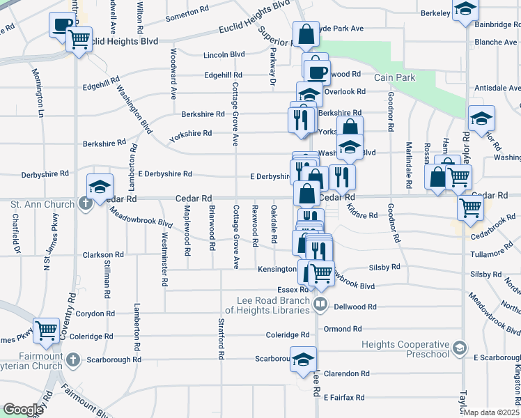 map of restaurants, bars, coffee shops, grocery stores, and more near 2175 Rexwood Road in Cleveland Heights