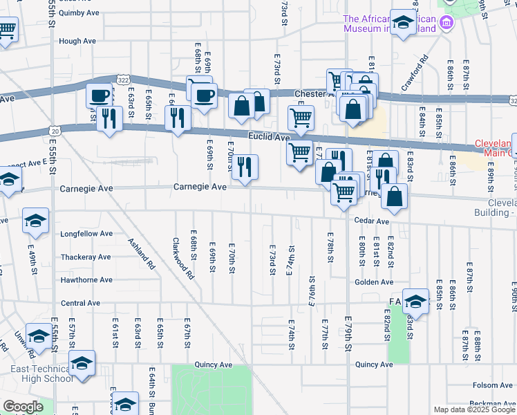 map of restaurants, bars, coffee shops, grocery stores, and more near 7111 Cedar Avenue in Cleveland