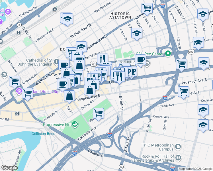 map of restaurants, bars, coffee shops, grocery stores, and more near 1501 East 14th Street in Cleveland