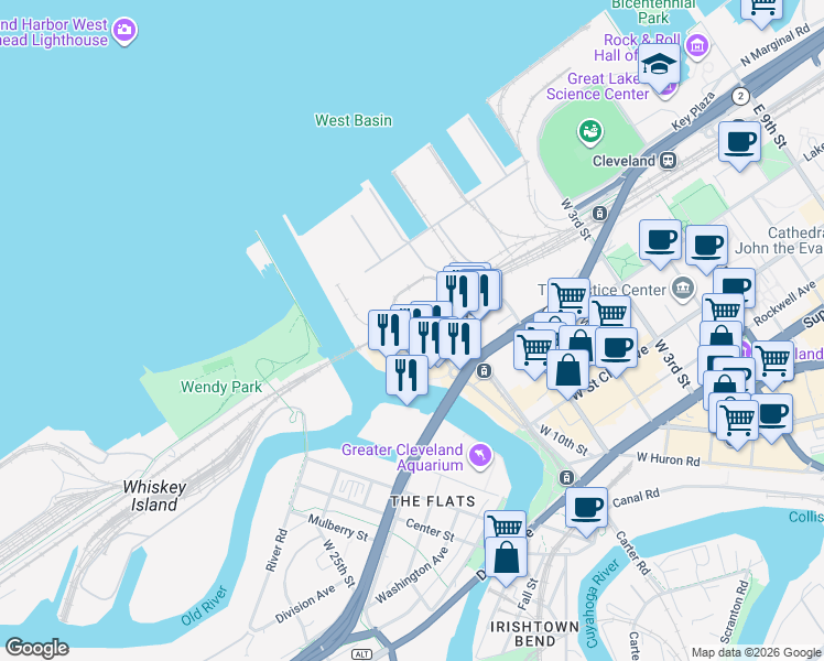 map of restaurants, bars, coffee shops, grocery stores, and more near 1150 Front Avenue in Cleveland