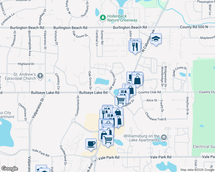 map of restaurants, bars, coffee shops, grocery stores, and more near 16 Winding Ridge Lane in Valparaiso