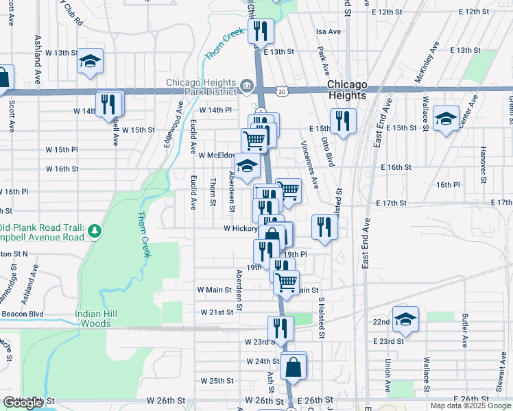 map of restaurants, bars, coffee shops, grocery stores, and more near 1654 School Street in Chicago Heights