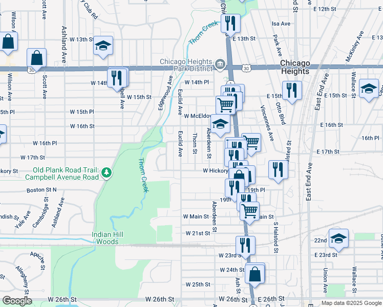 map of restaurants, bars, coffee shops, grocery stores, and more near 1655 Euclid Avenue in Chicago Heights