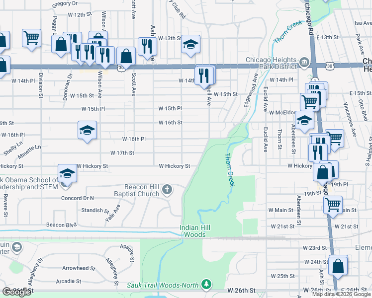 map of restaurants, bars, coffee shops, grocery stores, and more near 1650 Sunnyside Avenue in Chicago Heights