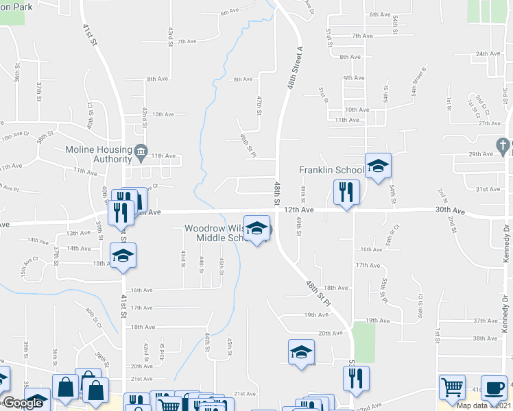 map of restaurants, bars, coffee shops, grocery stores, and more near 4719 12th Avenue in Moline