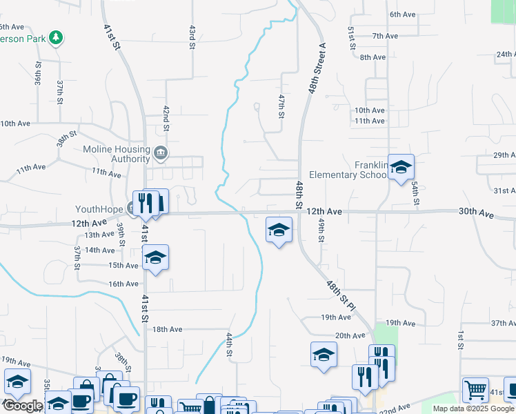 map of restaurants, bars, coffee shops, grocery stores, and more near 4603 12th Avenue in Moline