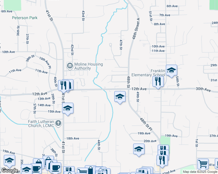 map of restaurants, bars, coffee shops, grocery stores, and more near 4603 12th Avenue in Moline