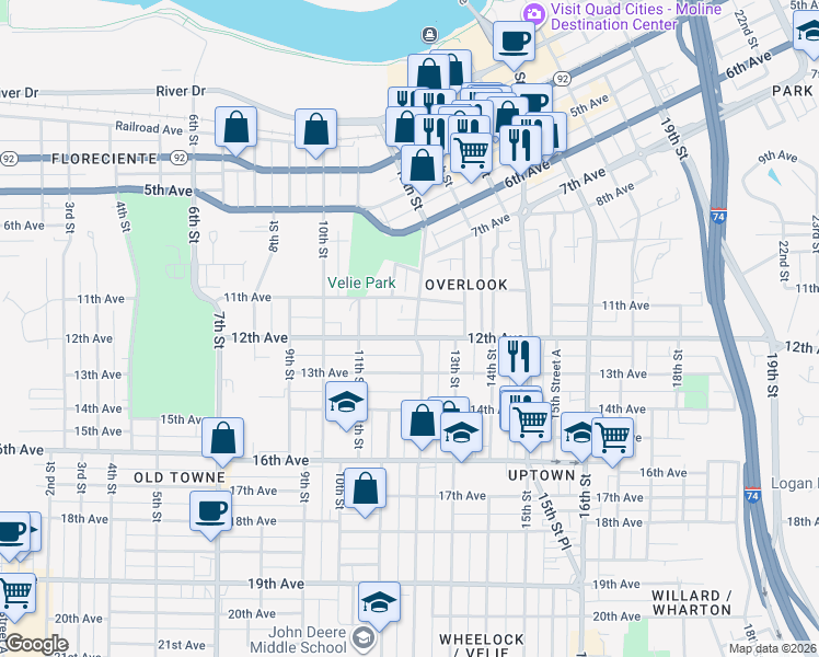 map of restaurants, bars, coffee shops, grocery stores, and more near 1141 12th Avenue in Moline