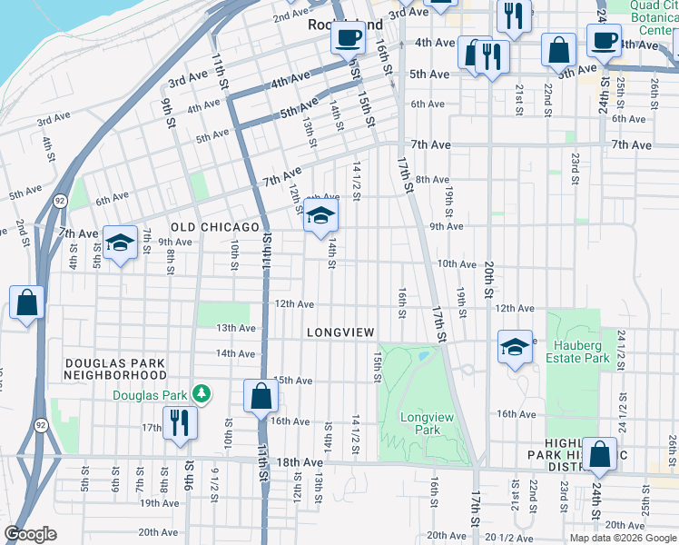 map of restaurants, bars, coffee shops, grocery stores, and more near 1021 14th Street in Rock Island