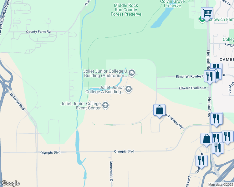 map of restaurants, bars, coffee shops, grocery stores, and more near 1215 Houbolt Road in Joliet