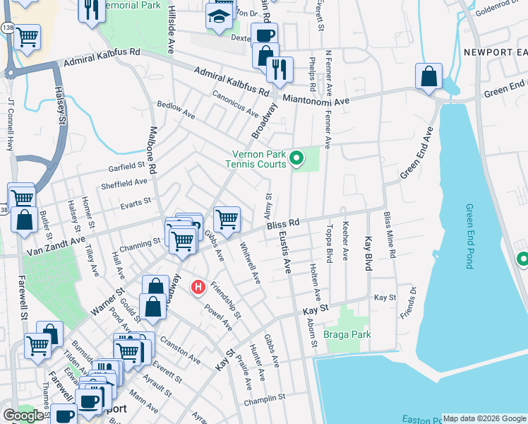 map of restaurants, bars, coffee shops, grocery stores, and more near 18 Almy Street in Newport