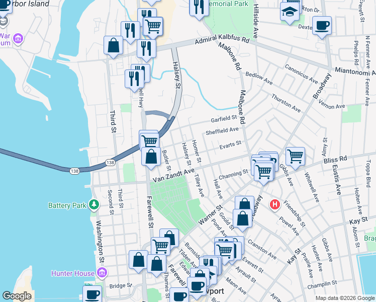map of restaurants, bars, coffee shops, grocery stores, and more near 16 Homer Street in Newport