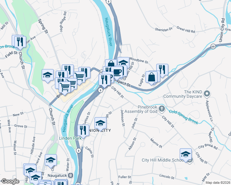 map of restaurants, bars, coffee shops, grocery stores, and more near 37 City Hill Street in Naugatuck