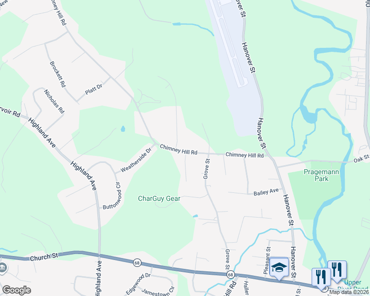 map of restaurants, bars, coffee shops, grocery stores, and more near 60 Chimney Hill Road in Wallingford