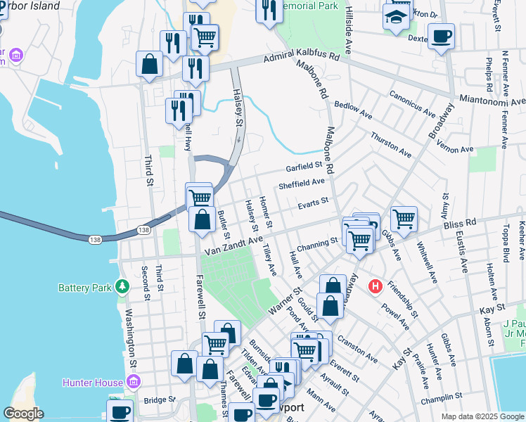 map of restaurants, bars, coffee shops, grocery stores, and more near 16 Homer Street in Newport
