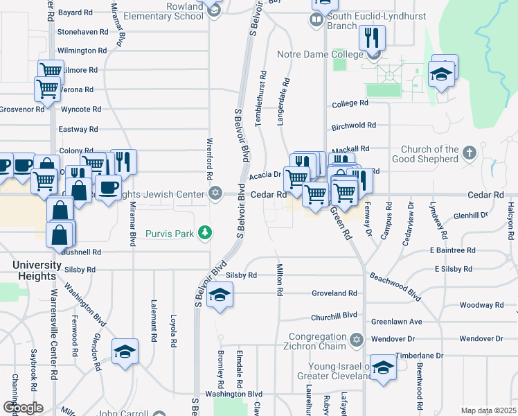 map of restaurants, bars, coffee shops, grocery stores, and more near 2150 Milton Road in University Heights