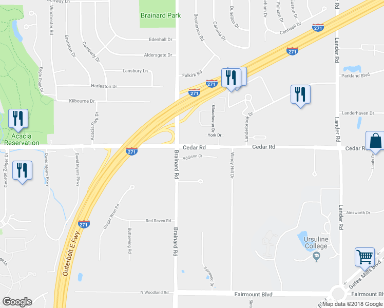 map of restaurants, bars, coffee shops, grocery stores, and more near 28700 Cedar Road in Pepper Pike