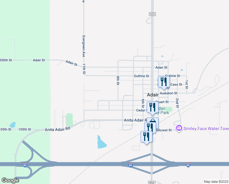 map of restaurants, bars, coffee shops, grocery stores, and more near 503 8th Street in Adair