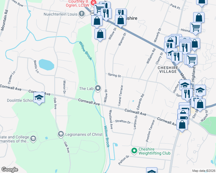 map of restaurants, bars, coffee shops, grocery stores, and more near 150 Willow Street in Cheshire