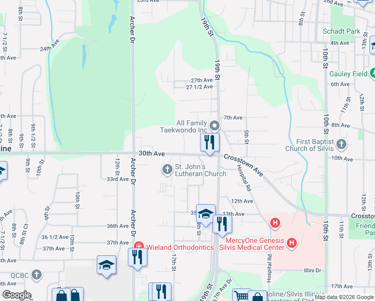 map of restaurants, bars, coffee shops, grocery stores, and more near 1771 30th Avenue in East Moline