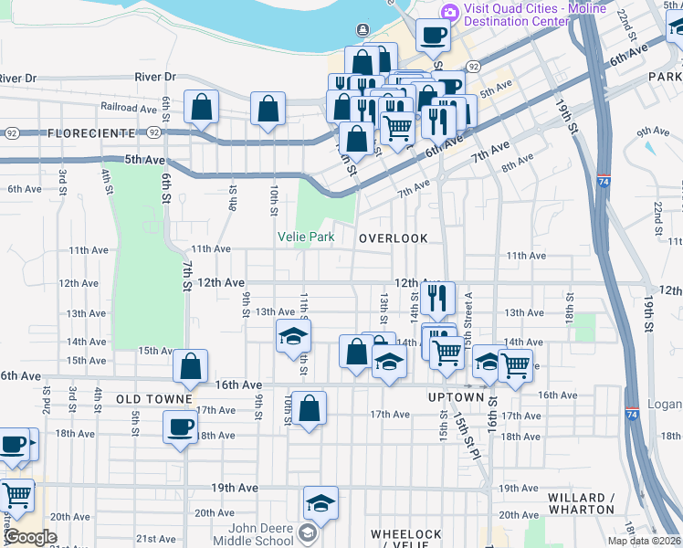 map of restaurants, bars, coffee shops, grocery stores, and more near 1141 12th Ave in Moline