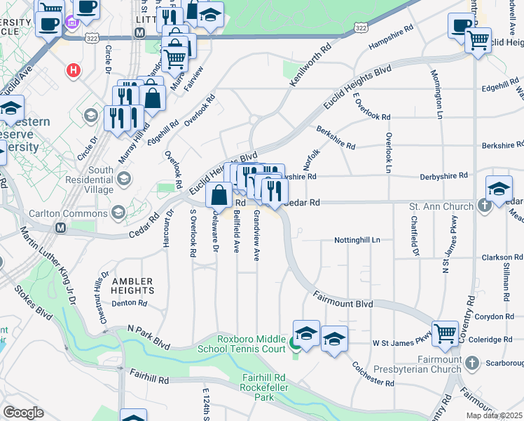 map of restaurants, bars, coffee shops, grocery stores, and more near 12459 Cedar Road in Cleveland Heights