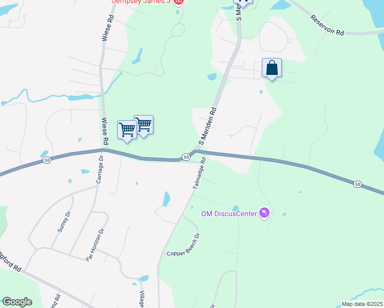 map of restaurants, bars, coffee shops, grocery stores, and more near 58 South Meriden Road in Cheshire