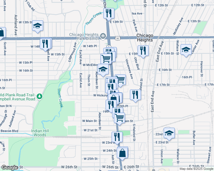 map of restaurants, bars, coffee shops, grocery stores, and more near 1654 School Street in Chicago Heights