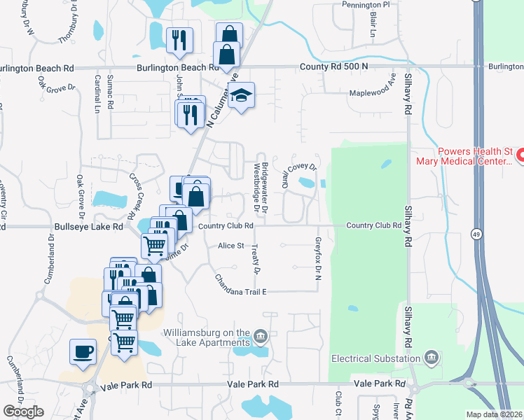 map of restaurants, bars, coffee shops, grocery stores, and more near 3601 Bridgewater Drive in Valparaiso