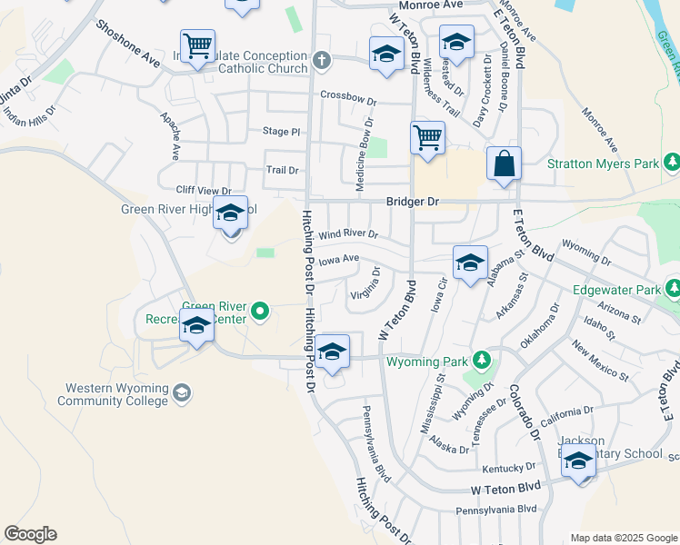 map of restaurants, bars, coffee shops, grocery stores, and more near 505 West Virginia Place in Green River