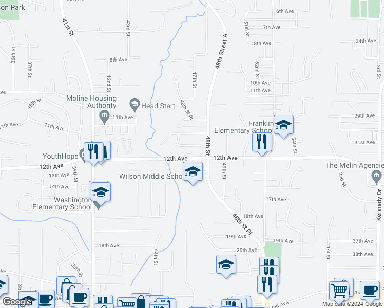 map of restaurants, bars, coffee shops, grocery stores, and more near 4627 12th Avenue in Moline