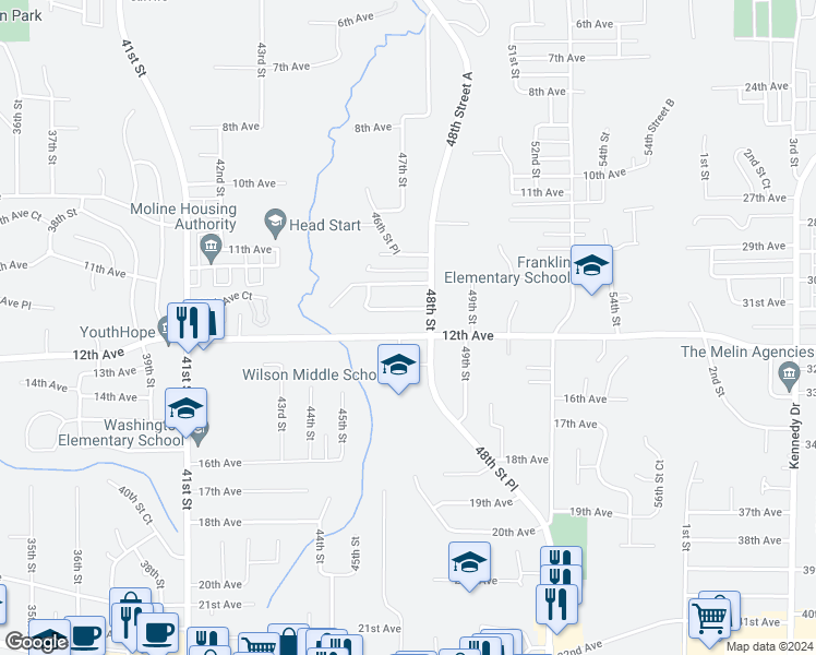 map of restaurants, bars, coffee shops, grocery stores, and more near 4711 12th Avenue in Moline