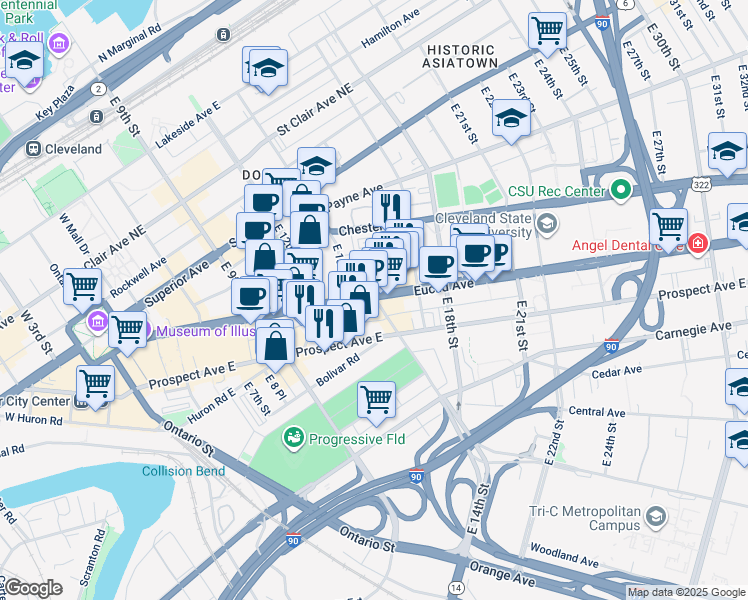 map of restaurants, bars, coffee shops, grocery stores, and more near 1600 Euclid Avenue in Cleveland