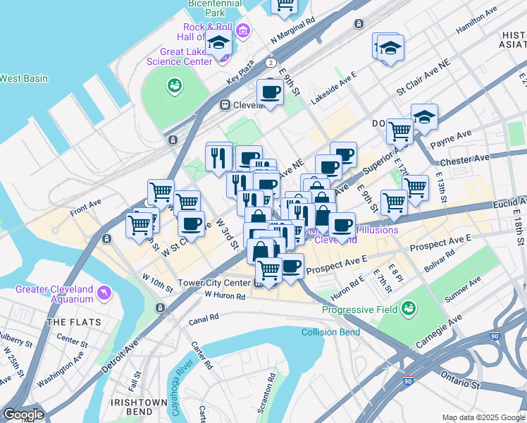 map of restaurants, bars, coffee shops, grocery stores, and more near 127 Public Square in Cleveland