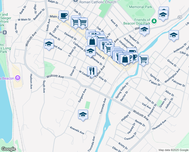 map of restaurants, bars, coffee shops, grocery stores, and more near 39 New York 52 in Beacon