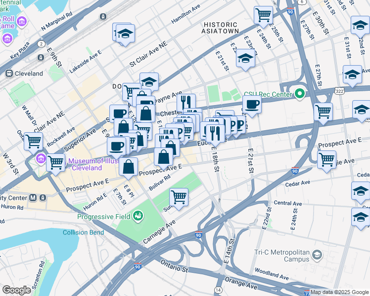map of restaurants, bars, coffee shops, grocery stores, and more near 1422 Euclid Avenue in Cleveland