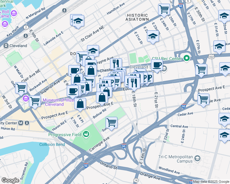 map of restaurants, bars, coffee shops, grocery stores, and more near 1501 East 14th Street in Cleveland