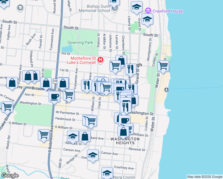 map of restaurants, bars, coffee shops, grocery stores, and more near 138 Broadway in Newburgh