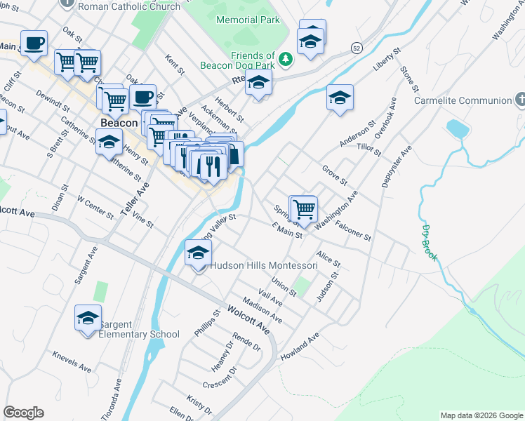map of restaurants, bars, coffee shops, grocery stores, and more near 67 East Main Street in Beacon