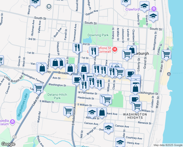 map of restaurants, bars, coffee shops, grocery stores, and more near 261 Broadway in Newburgh