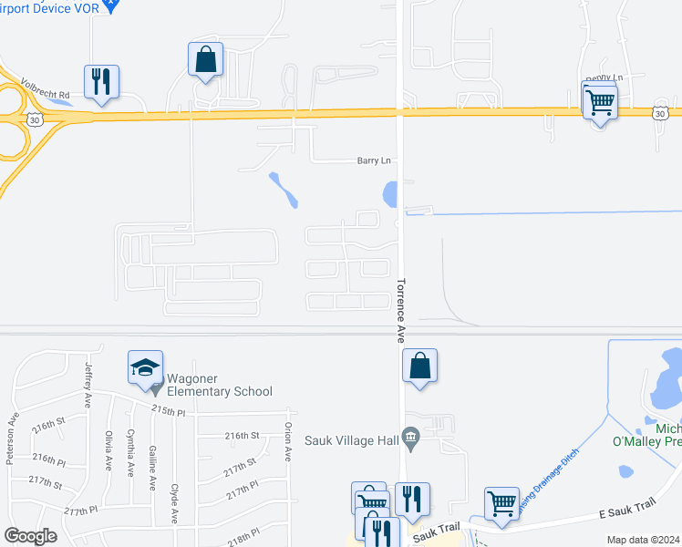 map of restaurants, bars, coffee shops, grocery stores, and more near 190 Carriage Lane in Sauk Village