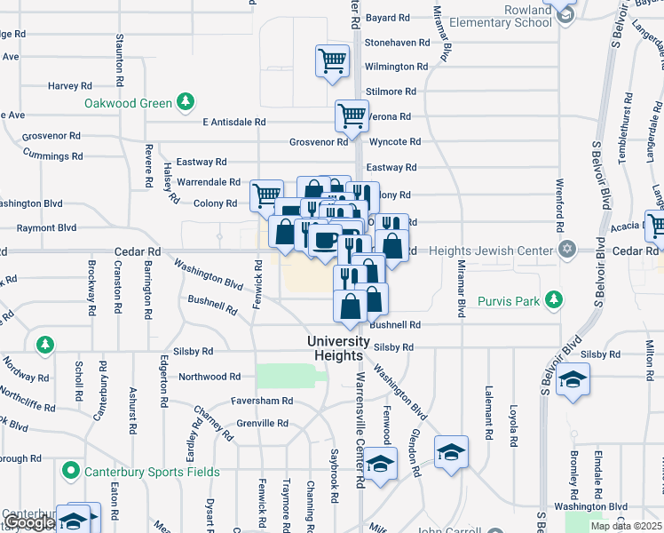 map of restaurants, bars, coffee shops, grocery stores, and more near 2176 Warrensville Center Road in University Heights
